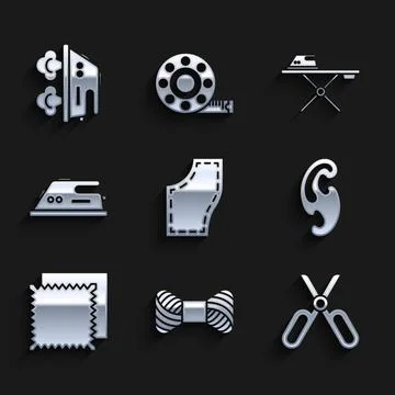 Set Sewing Pattern, thread on spool, Scissors, French curves, Textile fabric Stock Illustration