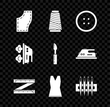 Set Sewing Pattern, thread on spool, button for clothes, Tape measure, Woman Illustrazione stock