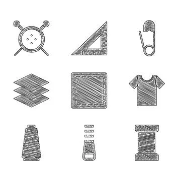 Set Sewing Pattern, Zipper, thread, T-shirt, Layers clothing textile, Safety pin Illustrazione stock