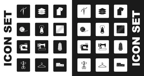 Set Sewing pattern, Zipper, Yarn ball, Needle with thread, Textile fabric roll Stock Illustration