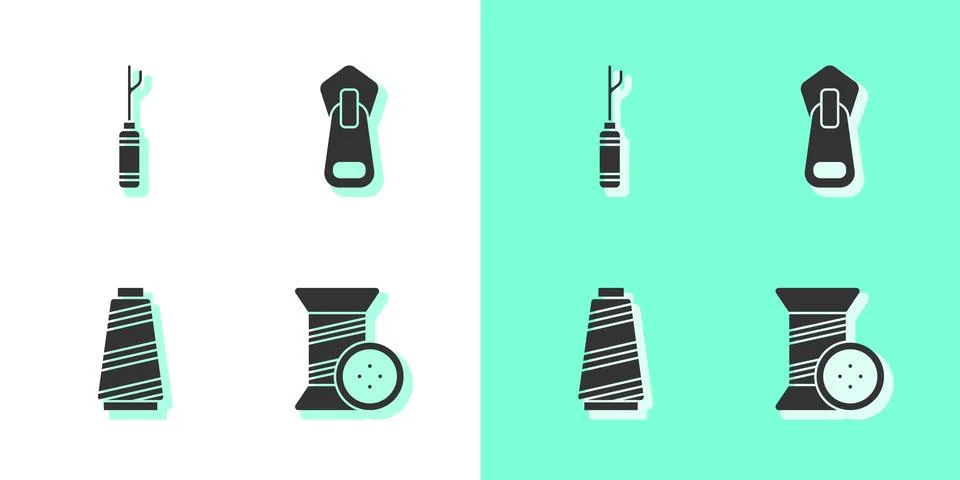 Set Sewing thread and button, Awl tool, and Zipper icon. Vector Illustrazione stock
