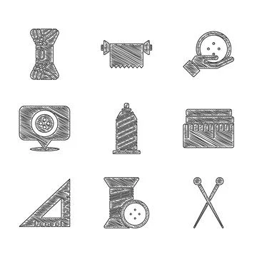 Set Sewing thread, and button, Knitting needles, Tape measure, Triangular ruler Illustrazione stock