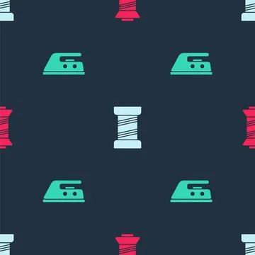 Set Sewing thread, and Electric iron on seamless pattern. Vector Stock Illustration