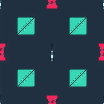 Set Sewing thread, Awl tool and Pattern on seamless pattern. Vector Stock Illustration