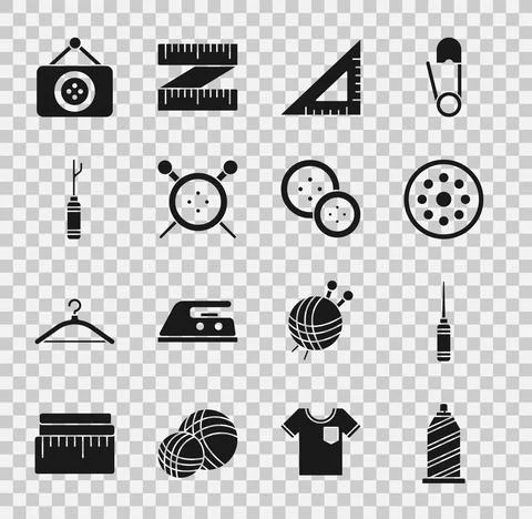 Set Sewing thread, Awl tool, button, Triangular ruler, and knitting needles,  Stock Illustration