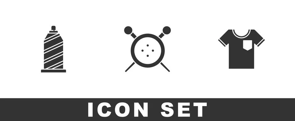 Set Sewing thread, button and knitting needles and T-shirt icon. Vector Illustrazione stock