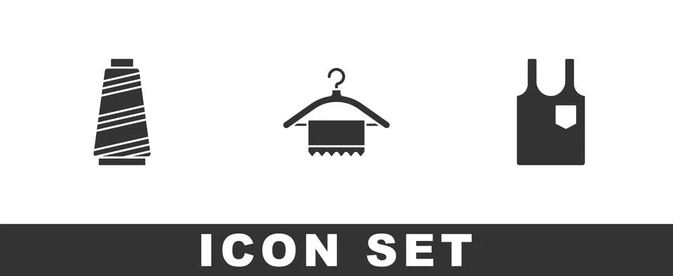Set Sewing thread, Hanger wardrobe and Sleeveless T-shirt icon. Vector Illustrazione stock