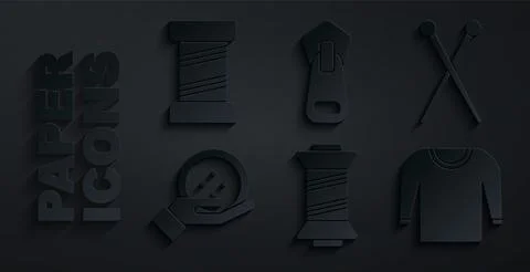 Set Sewing thread, Knitting needles, button, Sweater, Zipper and icon. Vector Illustrazione stock