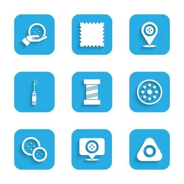 Set Sewing thread, Location tailor shop, chalk, button, Awl tool, and icon Stock Illustration