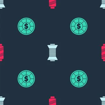 Set Sewing thread on spool, and Casino chips on seamless pattern. Vector Stock Illustration