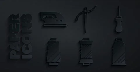 Set Sewing thread on spool, Awl tool, Needle with and Electric iron icon. Vector Stock Illustration