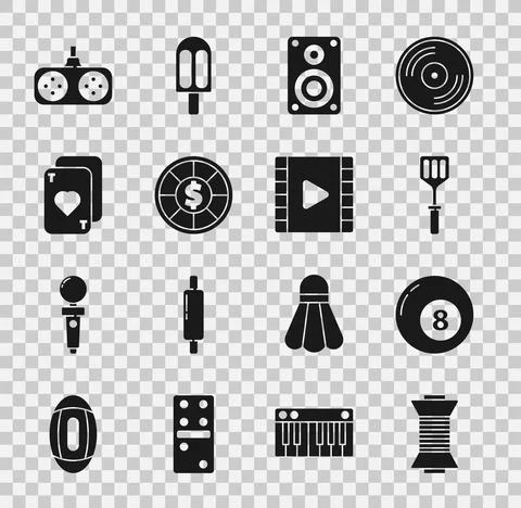 Set Sewing thread on spool, Billiard snooker ball, Spatula, Stereo speaker Illustrazione stock