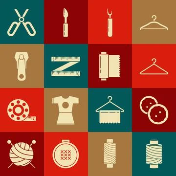 Set Sewing thread on spool, button for clothes, Hanger wardrobe, Cutter too.. Stock Illustration
