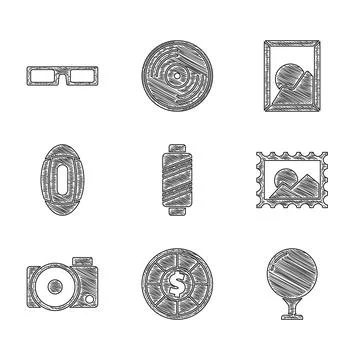 Set Sewing thread on spool, Casino chips, Golf ball tee, Postal stamp, Photo Illustrazione stock