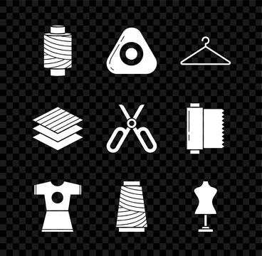 Set Sewing thread on spool, chalk, Hanger wardrobe, Woman dress, Mannequin,.. Stock Illustration