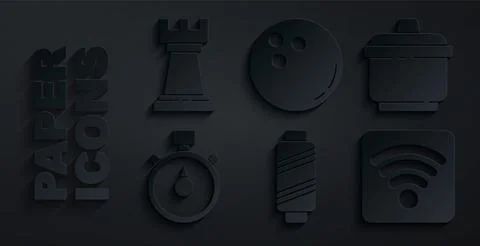 Set Sewing thread on spool, Cooking pot, Stopwatch, Wi-Fi wireless internet Stock Illustration