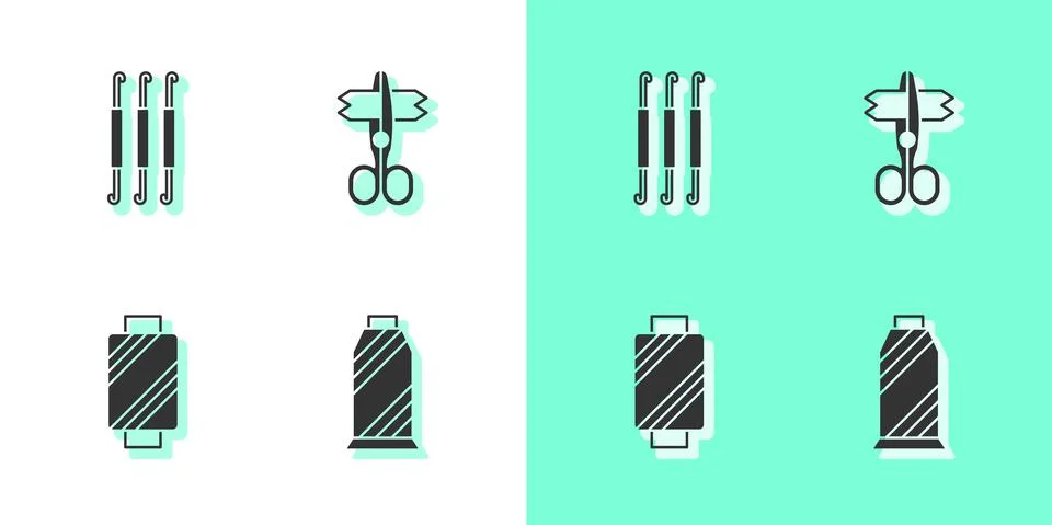 Set Sewing thread on spool, Crochet hook, and Scissors icon. Vector Stock Illustration