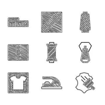 Set Sewing thread on spool, Electric iron, Leather, Zipper, pattern, Textile 스톡 일러스트