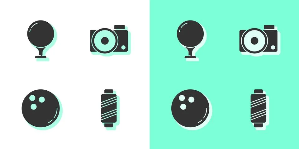 Set Sewing thread on spool, Golf ball tee, Bowling and Photo camera icon. Vector Illustrazione stock