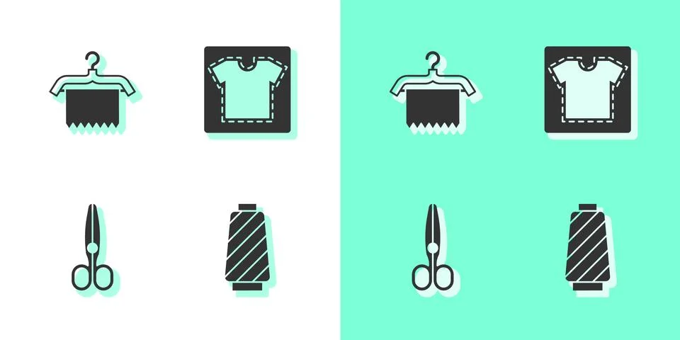 Set Sewing thread on spool, Hanger wardrobe, Scissors and pattern icon. Vector Stockillustratie