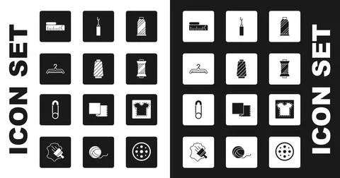 Set Sewing thread on spool Hanger wardrobe Tape measure Awl tool pattern and  Stock Illustration