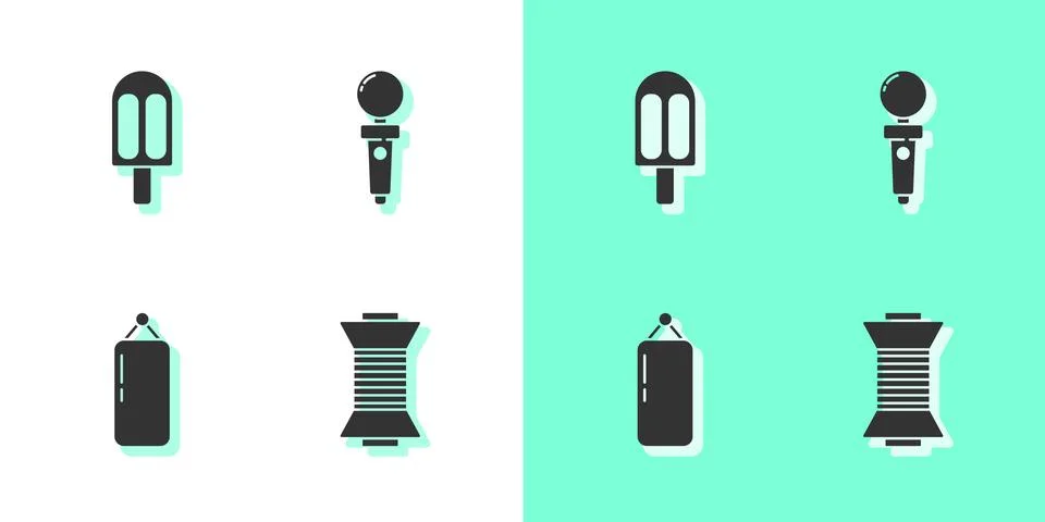 Set Sewing thread on spool, Ice cream, Punching bag and Joystick for arcade Illustrazione stock
