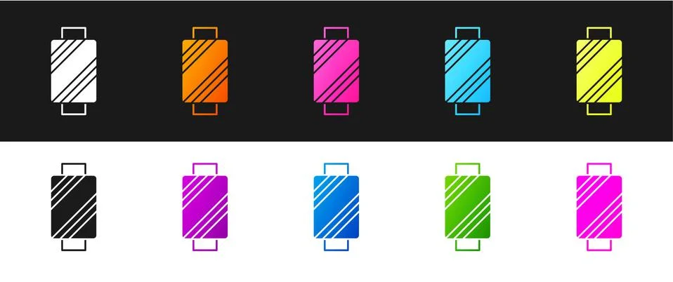 Set Sewing thread on spool icon isolated on black and white background. Yarn Stock Illustration