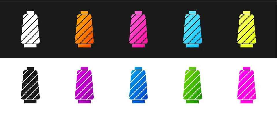 Set Sewing thread on spool icon isolated on black and white background. Yarn Stock Illustration