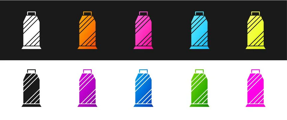 Set Sewing thread on spool icon isolated on black and white background. Yarn Stock Illustration