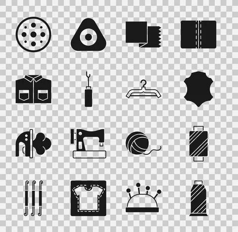 Set Sewing thread on spool, Leather, Textile fabric roll, Awl tool, Shirt Stock Illustration