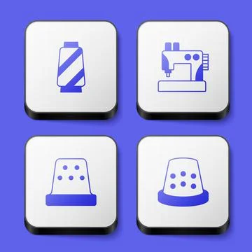 Set Sewing thread on spool, machine, Thimble for sewing and icon. White square Stock Illustration