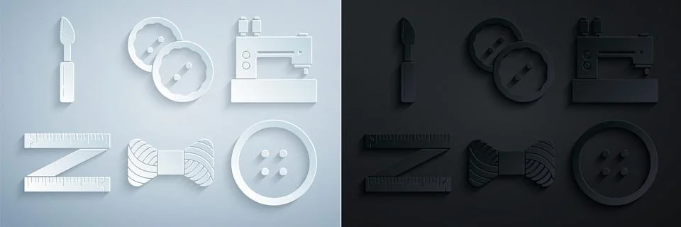 Set Sewing thread on spool, machine, Tape measure, button for clothes, and Stock Illustration