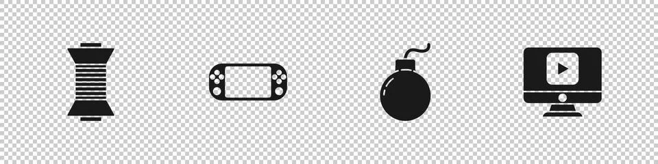 Set Sewing thread on spool, Portable video game console, Bomb ready to explode Stock Illustration
