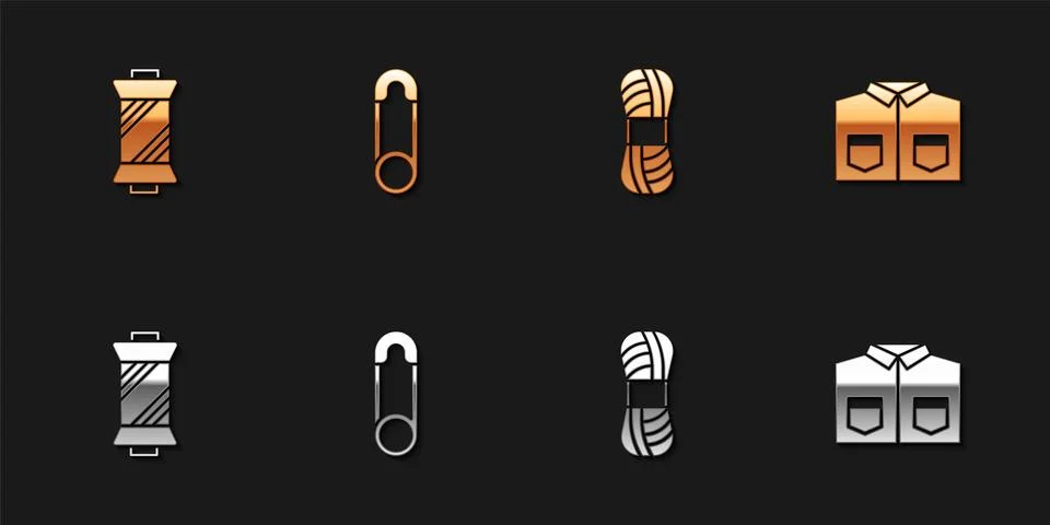 Set Sewing thread on spool, Safety pin, Yarn and Shirt icon. Vector 스톡 일러스트
