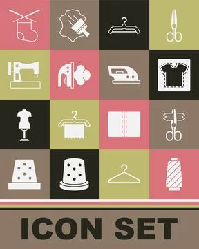 Set Sewing thread on spool, Scissors, pattern, Hanger wardrobe, Electric iron Illustrazione stock