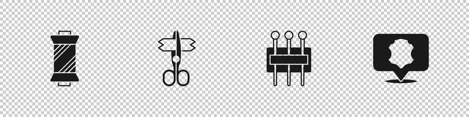 Set Sewing thread on spool, Scissors, Needle for sewing and Leather icon. Vector Illustrazione stock