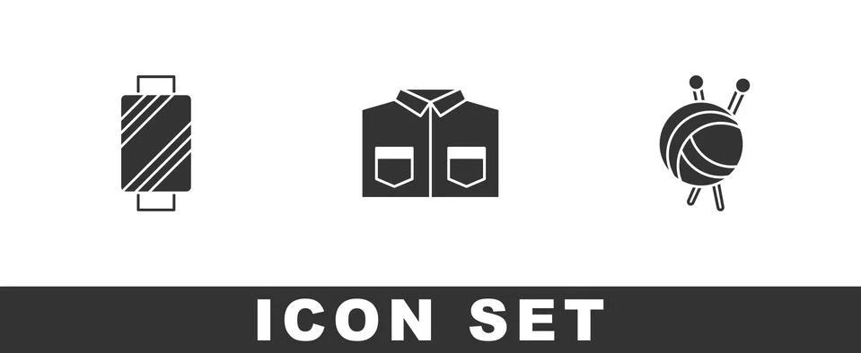 Set Sewing thread on spool, Shirt and Yarn ball with knitting needles icon Stock Illustration