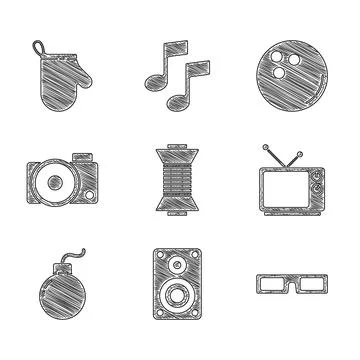 Set Sewing thread on spool, Stereo speaker, Cinema glasses, Retro tv, Bomb ready Illustrazione stock