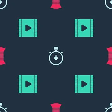 Set Sewing thread on spool, Stopwatch and Play Video on seamless pattern. Vector Stock Illustration