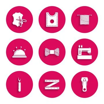 Set Sewing thread on spool, Tape measure, Zipper, machine, Cutter tool, Needle Stock Illustration