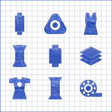 Set Sewing thread on spool, Tape measure, Textile fabric roll, Woman dress, and Stock Illustration