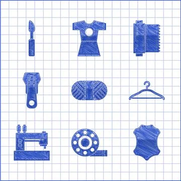 Set Sewing thread on spool, Tape measure, Leather, Hanger wardrobe, machine Illustrazione stock
