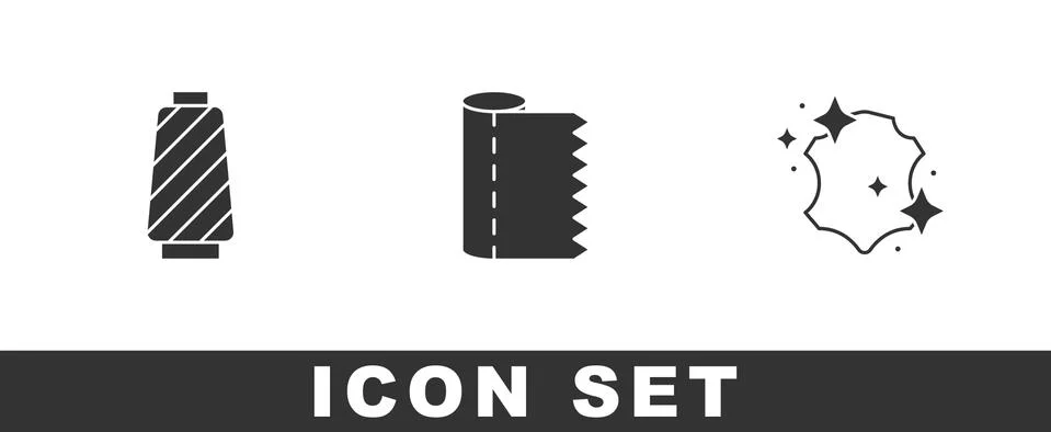 Set Sewing thread on spool, Textile fabric roll and Leather icon. Vector 스톡 일러스트