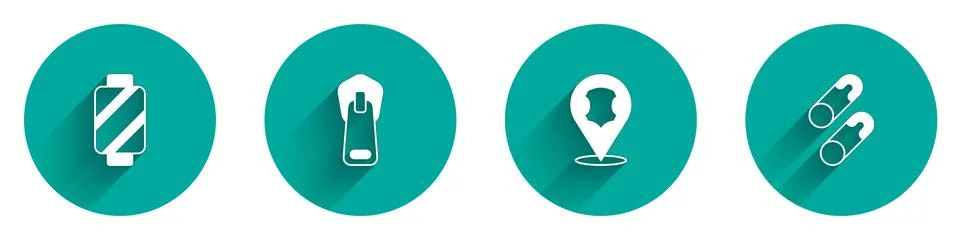 Set Sewing thread on spool, Zipper, Leather and Closed steel safety pin icon Stock Illustration