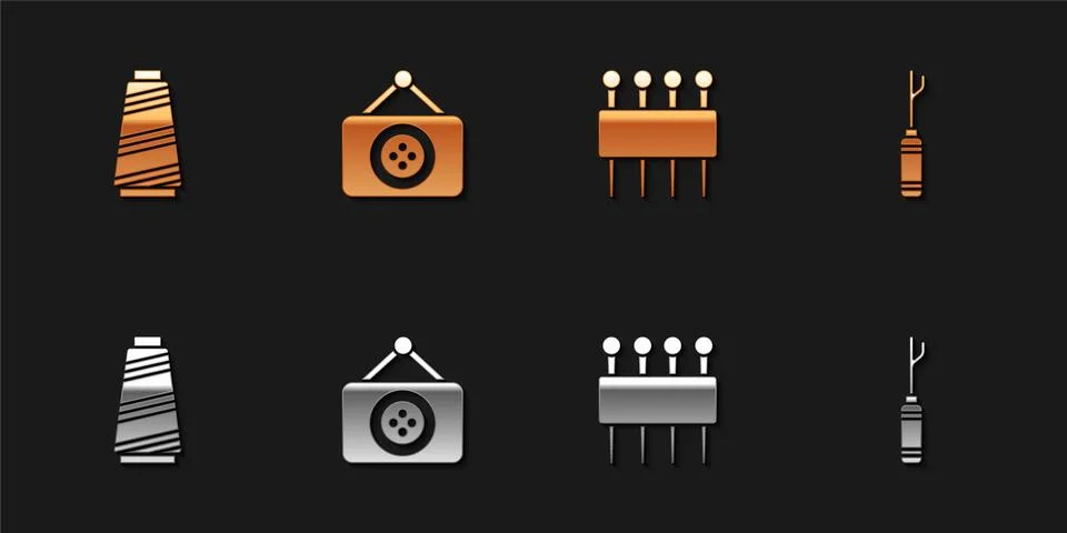 Set Sewing thread, Tailor shop, Needle for sewing and Awl tool icon. Vector Illustrazione stock