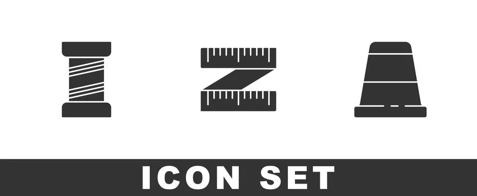 Set Sewing thread, Tape measure and Thimble for sewing icon. Vector Illustrazione stock