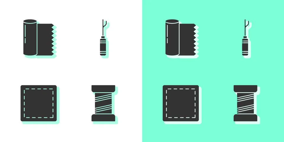 Set Sewing thread, Textile fabric roll, Pattern and Awl tool icon. Vector Stock Illustration