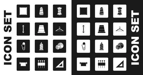 Set Sewing thread, Thimble for sewing, Yarn, Leather, Hanger wardrobe, ball and Stock Illustration