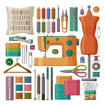 Set of sewing tools and accessories isolated on white background. Sewing machine Stock Illustration
