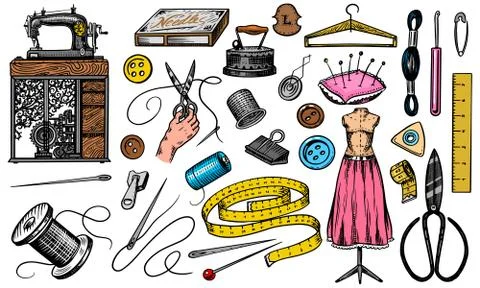 Set of sewing tools and elements or materials for needlework. Handmade equipment Stock Illustration
